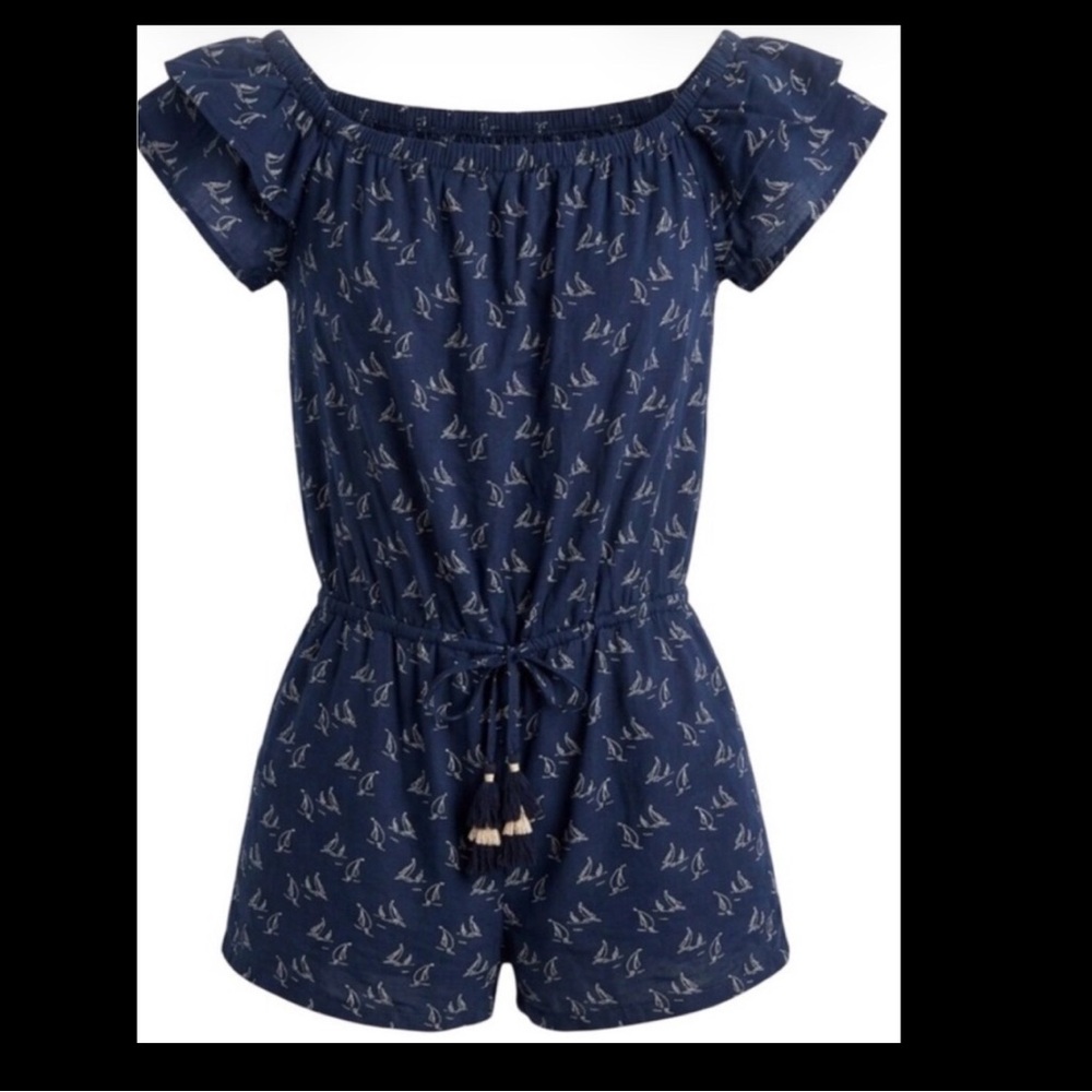 Vineyard Vines Navy Sailboat Print Off-Shoulder Flutter Sleeve Romper Size S